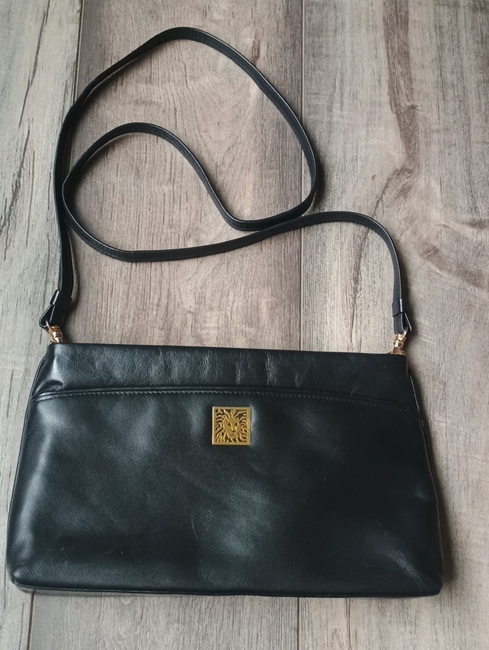 Anne Klein Leather Black Crossbody Bag Purse with Gold Emblem